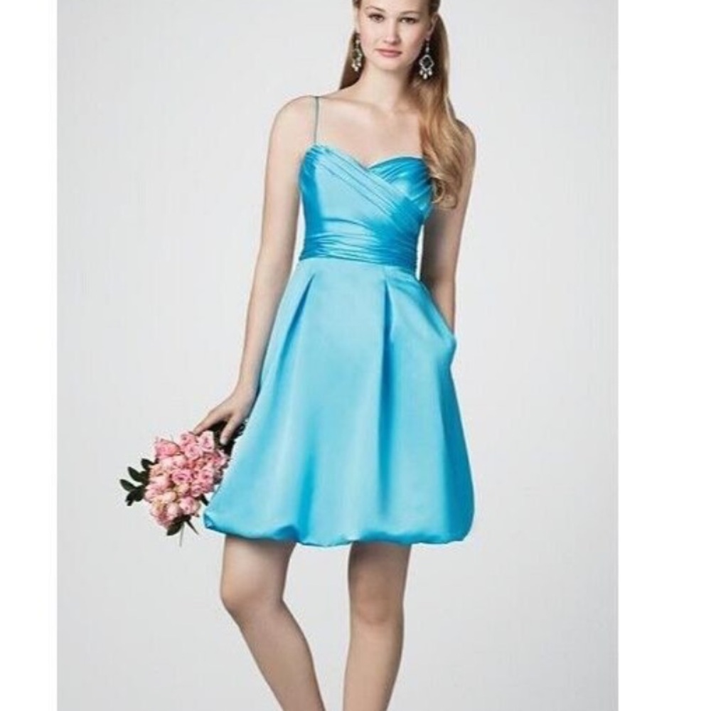 ALFRED ANGELO Blue Turquoise Satin Mini Bubble Bridesmaid Dress 8 NWOT